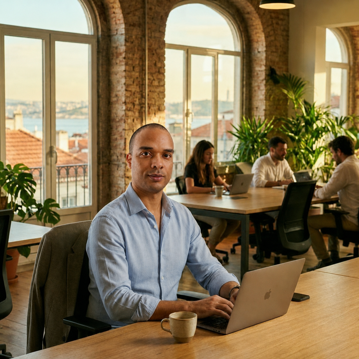 Jorge Cardoso working in a Lisbon co-working space