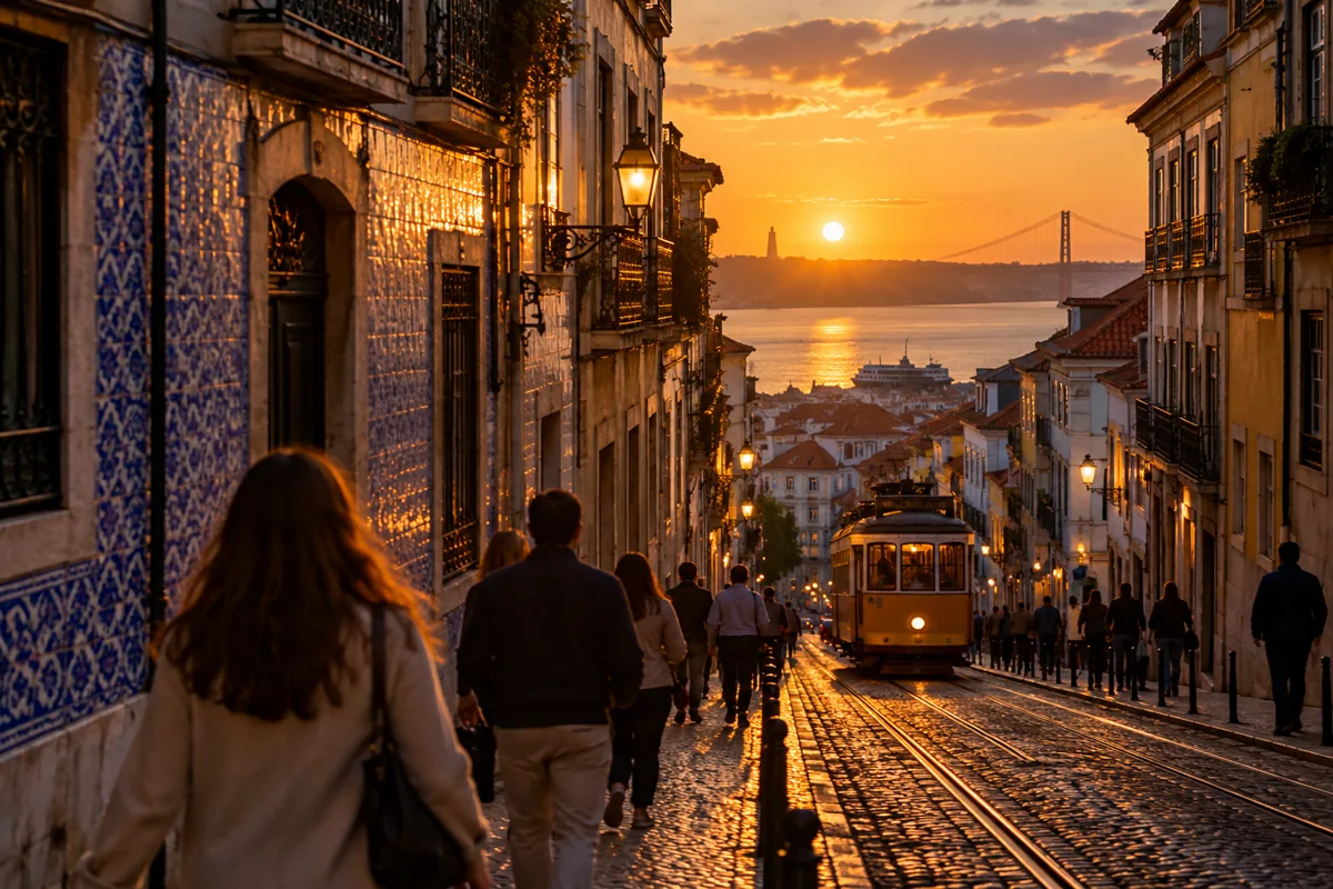 Lisbon streets in the warm light of evening