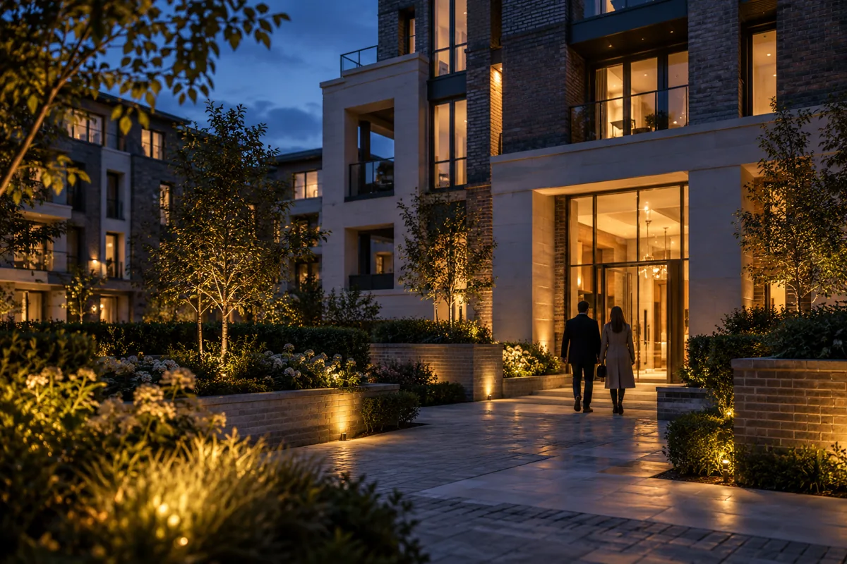 Contemporary architecture with warmly lit windows
