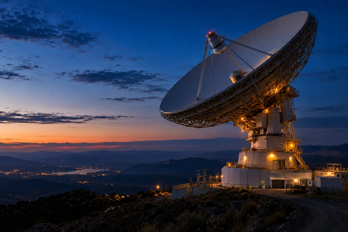 A satellite ground station at dusk